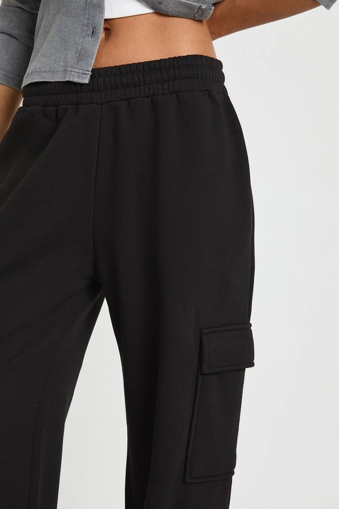 boohoo Dames Lange cargo joggers met wijde pijpen | Zwart | Maat: Small