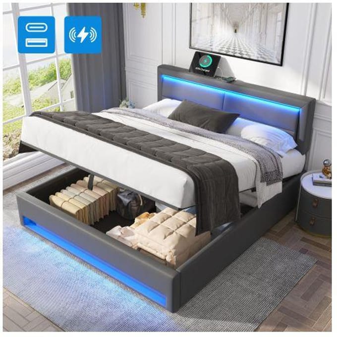 Lit rembourré - MUVOE - 160 x 200 cm - USB - Éclairage LED - Rangement intégré gris