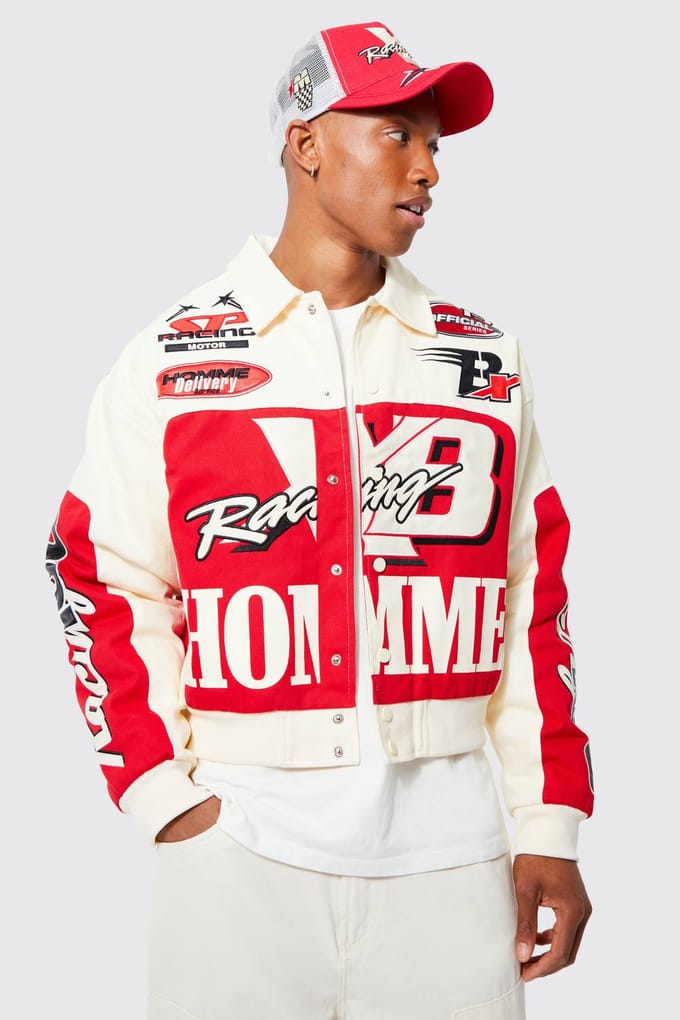 Boxy Twill Homme Moto Bomber Jacket | Ecru | Size Medium