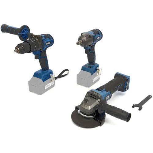 HBM accu combiset, haakse slijper, slagmoersleutel, boormachine 20 Volt