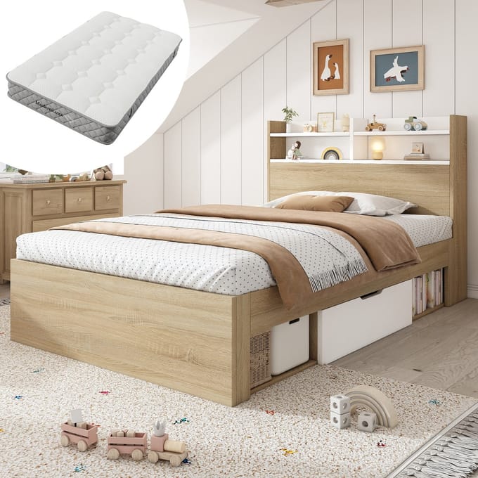 MODFU - Ledikant – 90x200 cm – Met opbergruimte & matras – Wit/Eiken