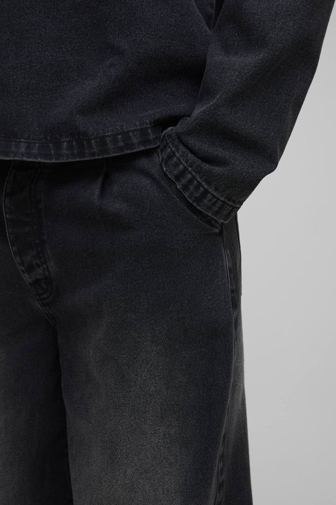 Lang geplooide wijde jeans | Washed Black | Size 36