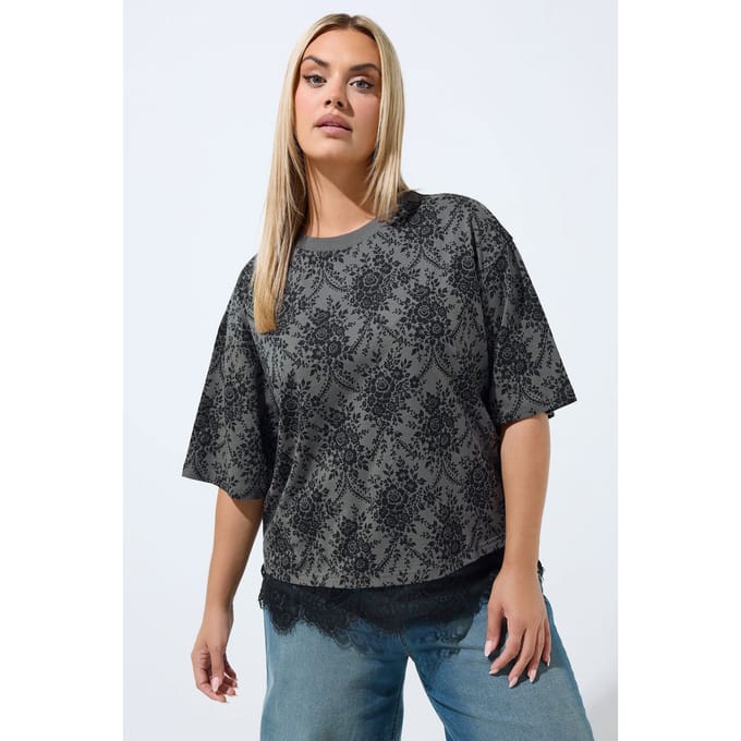 Limited Collection Grijs Bloemen Tshirt Met Kanten Zoom Size 40