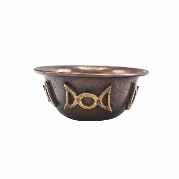 Antieke koperen rituele kom met drievoudige maan 8x4cm