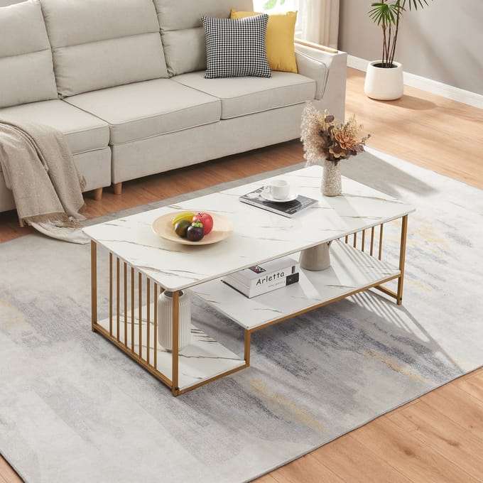 Salontafel Klibro marmerlook wit en goudkleurig 120x60x42 cm [en.casa]