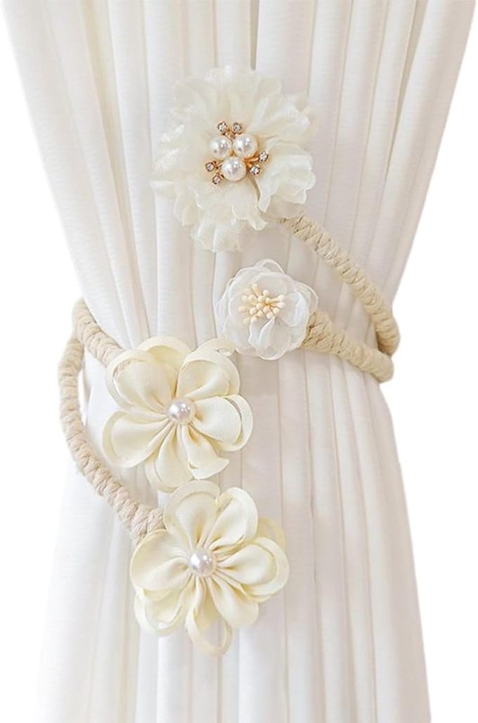 Gordijn Tieback - Gordijn Draping - Raamdecoratie - Bloem Design - 47 cm Touwlengte - Wit/Roze