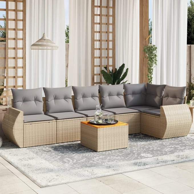 vidaXL - 7-delige - Loungeset - met - kussens - poly - rattan - beige