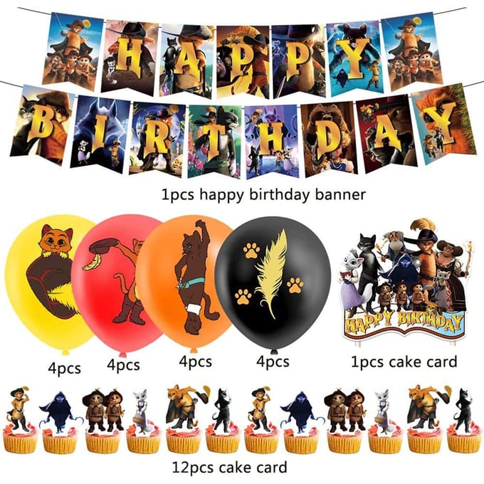 30 stuks Puss in Boots feestartikelen inclusief taarttopper ballonnen banner orange