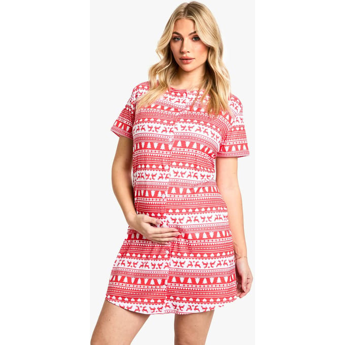 boohoo Dames Zwangerschaps Kerst Fairisle-print 2-pack Peached Button Down Nachtjurk | Maat: 8