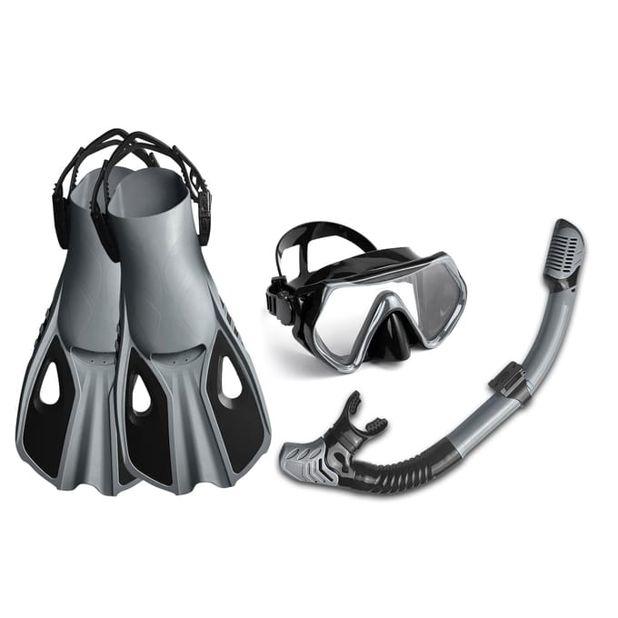 Masque de plongée à trois fenêtres très transparent avec tuba sec complet et palmes réglables pour S M gris