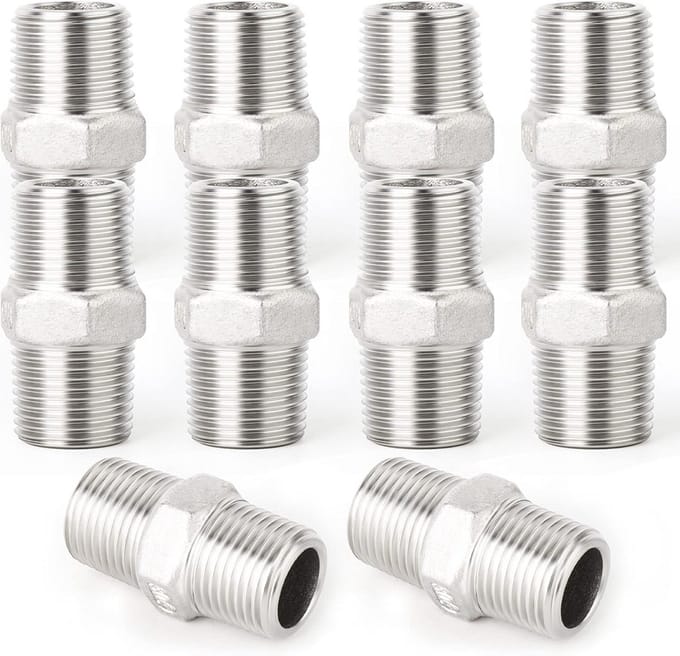 10 Stuks Zeskantnippels mannelijk 3/8 BSP RVS Rechte Koppeling Adapter