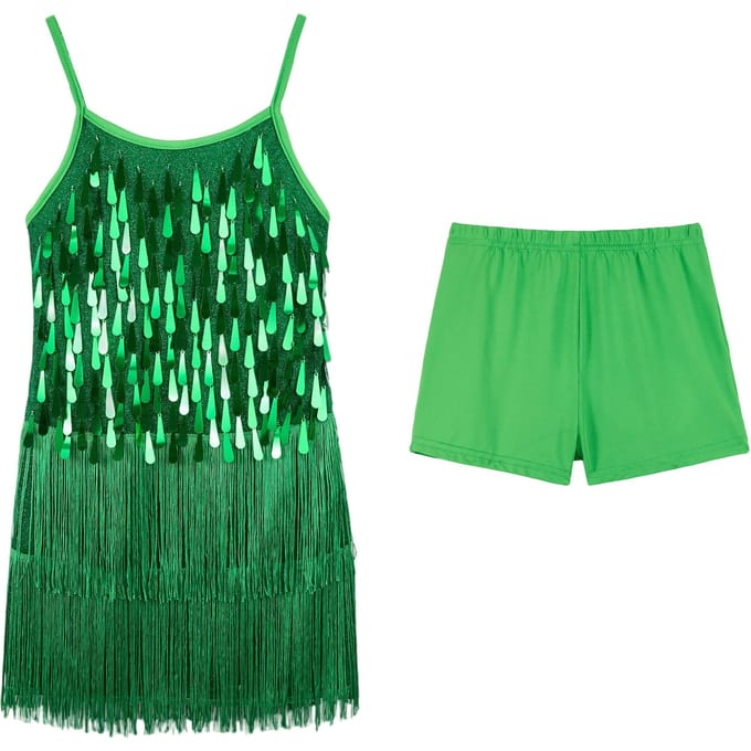 LOlanta 2 Stuks Meisjes Pailletten Latijnse Dansjurk Kwast Salsa Danskleding Pailletten Franje Jurk Optreden Outfits 8-9years (140) groen