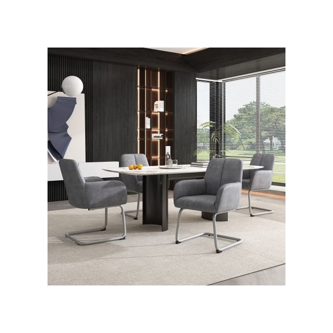Eetkamerstoel - MUVOE - Set van 4 - Microvezelleer - Stalen poten - Ergonomisch ontwerp grijs