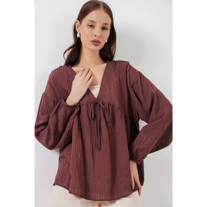 Gestructureerde Seersucker V-hals Blouse met Strikje