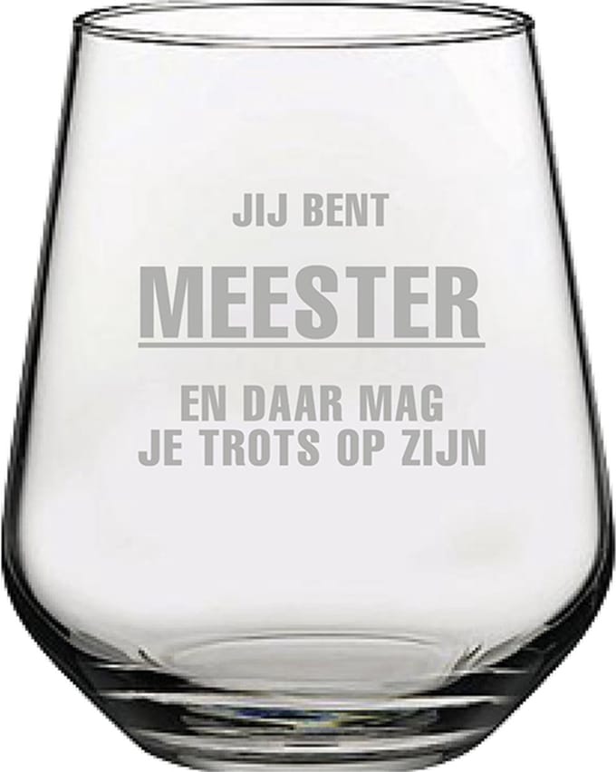 Gegraveerde Drinkglas 42,5cl Jij bent Meester en daar mag je trots op zijn