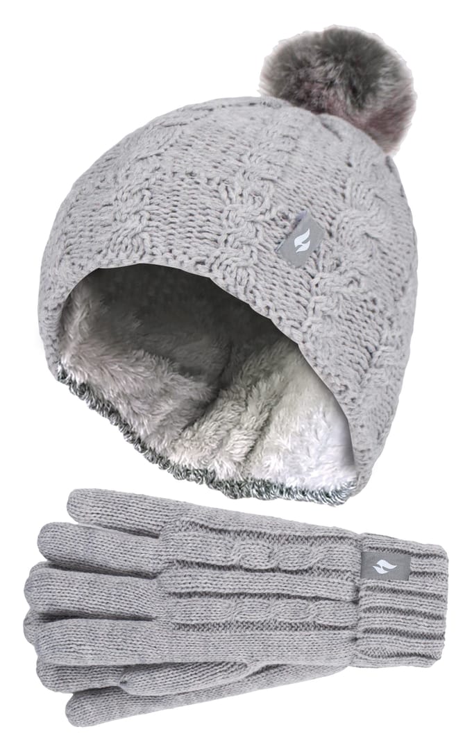 Heat Holders Meisjes Cable Bobble Muts En Handschoenen Set - Frost Gray Melange