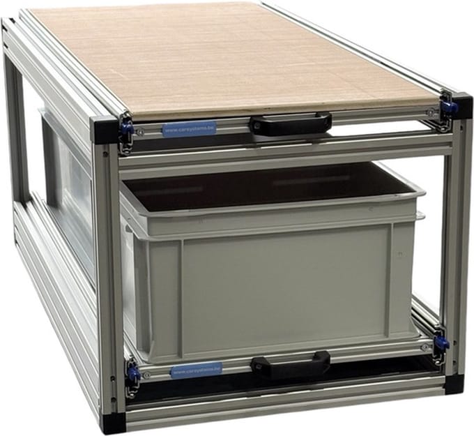 Dubbel schuifframe voor camper 90x40 cm - met 2 open bakken en multiplex plaat - 130 kg belastbaar