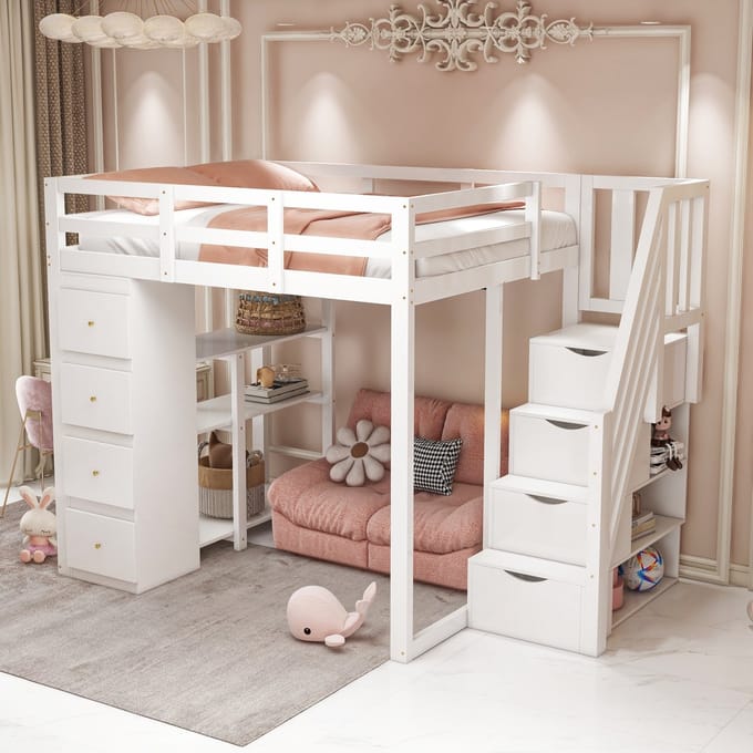 REDOM hoogslaper 140x200 cm – Wit – 4 laden, 3-traps rek, opberglades in ladder – Kindvriendelijk