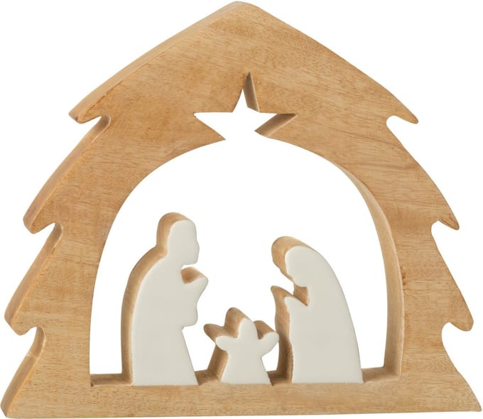 J-Line decoratie Kerststal Boom - hout - wit/naturel - medium