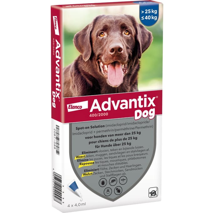 4 Pipetten x 4 ml Advantix 400/2000 Spot-on Solution voor Honden 25-40 kg - BE