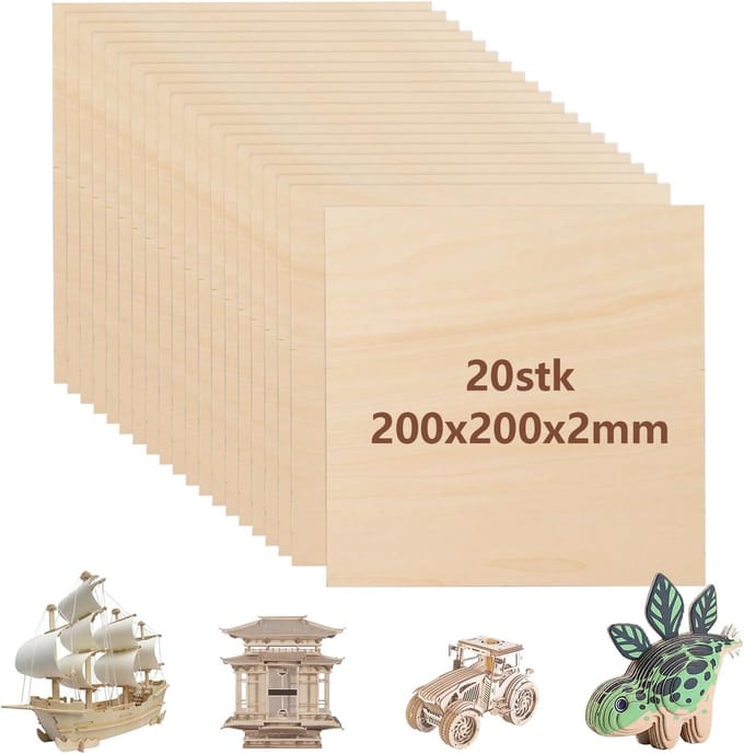 20 Stuks Houten Platen voor Knutselen - 2 mm Dun Multiplexplaat 200 x 200 mm