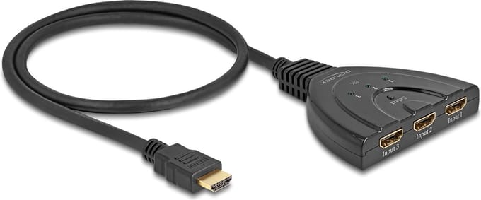 Delock HDMI Switch 3 x HDMI in to 1 x HDMI out 8K 60 Hz with integrated cable 60 cm