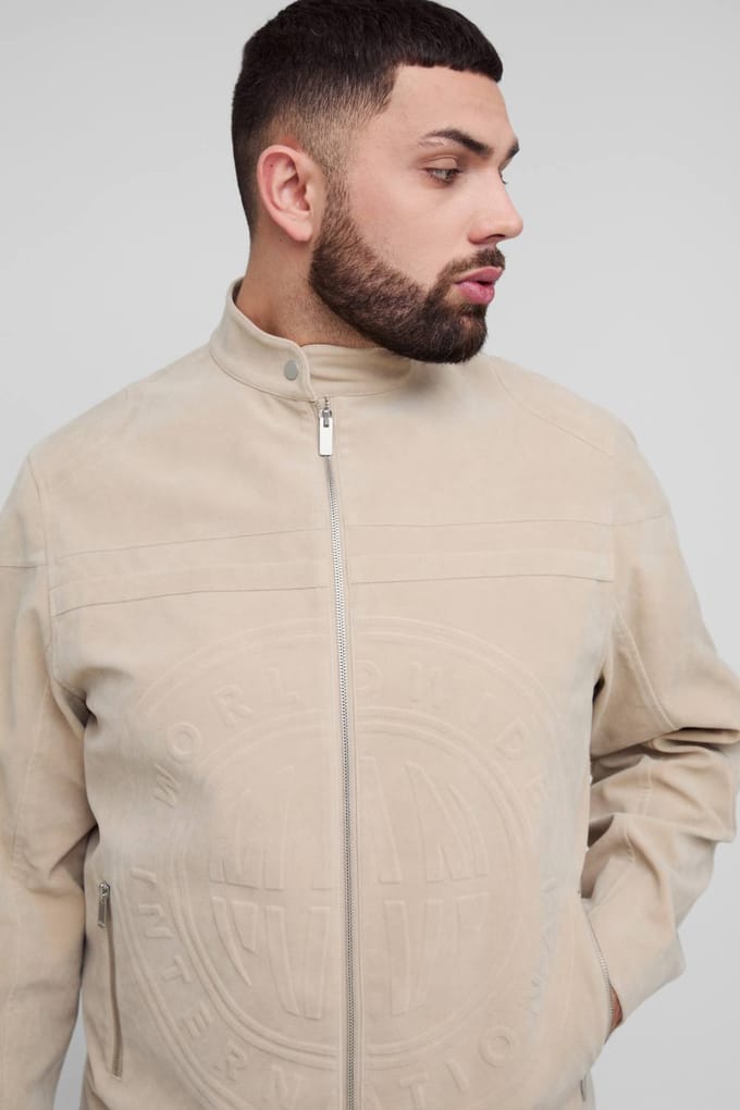 Plus Tumbled Faux Suede Embossed Regular Fit Biker Jacket | Stone | Size 4XL