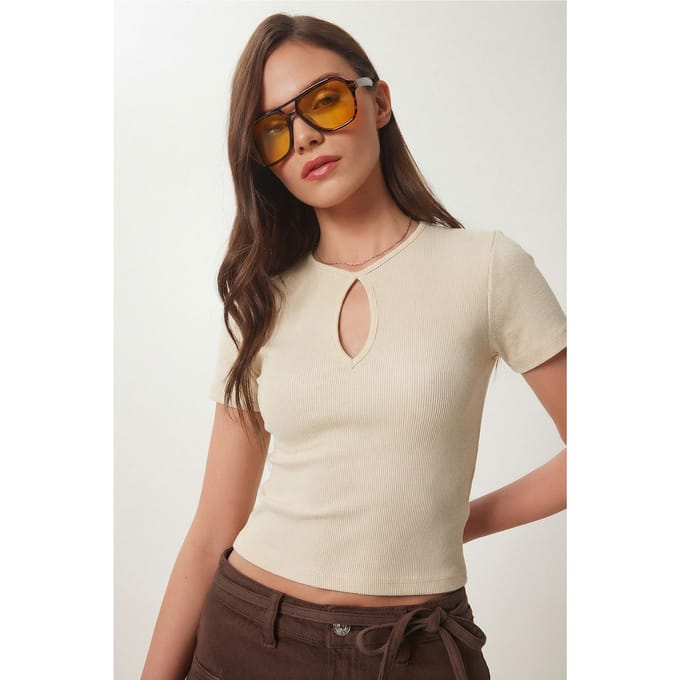 Geribbelde Crew Neck Cut Out Crop Top