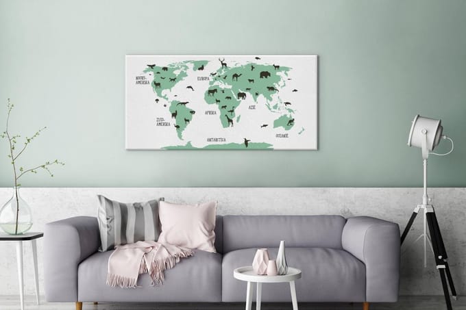 Kinder Wereldkaart Dieren canvas | Wereldkaart Canvas Schilderij 100x50 cm