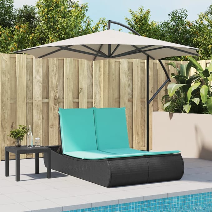 vidaXL Ligbed 2-persoons met kussens poly rattan zwart