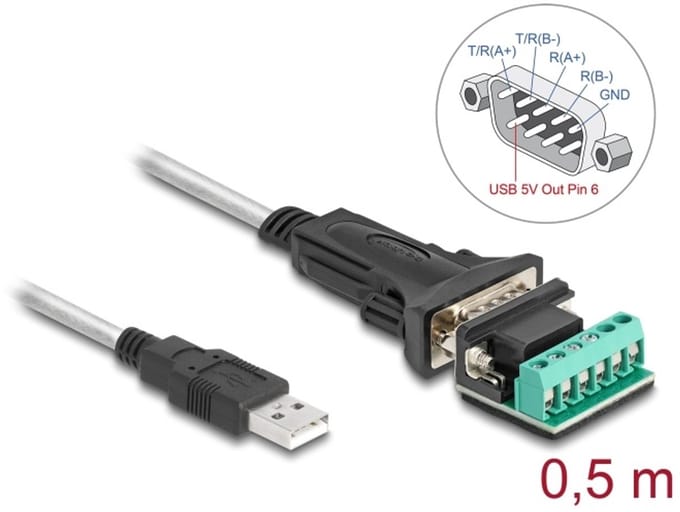 Delock Adapter USB 2.0 Type-A to 1 x Serial RS-422/485 male with 6 pin terminal block 5 V 0.5 m