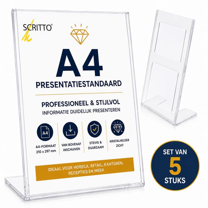 Set van 5 Scritto Presentatiestandaard A4 Staand – Transparante Folderhouder – Menukaarthouder – Informatiedisplay – L-Model
