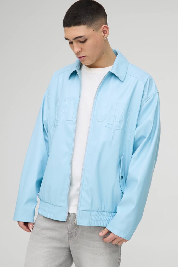 Officieel oversized PU-gegraveerd bomberjack met kraag | Light Blue | Size Medium