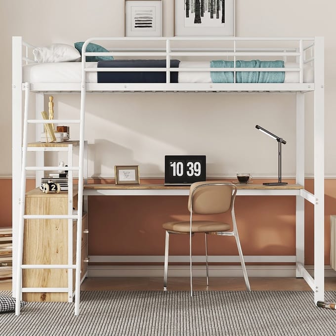 Hoogslaper 140x200 met Bureau – Metalen Frame – Zonder Matras – Wit – L-Vorm – L-Vormig Hoofdbord – Lades – Opbergruimte – Bed met Bureau