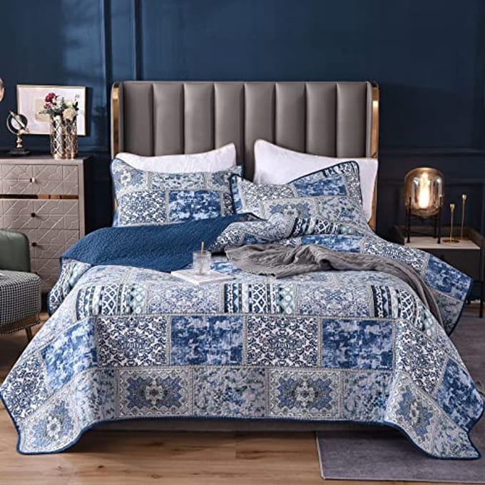 Blauwe Vintage Sprei 180 x 220 cm | Gewatteerde Patchworkdeken van Katoen en Polyester