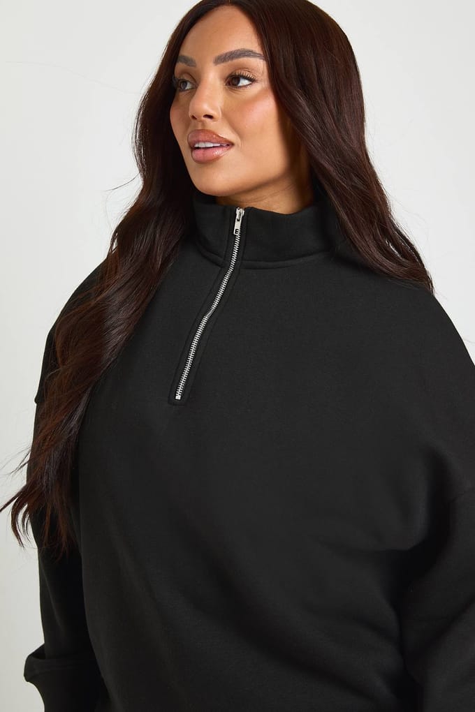 boohoo Dames Plus Oversized Halve Rits Sweatshirt | Zwart | Maat: 50