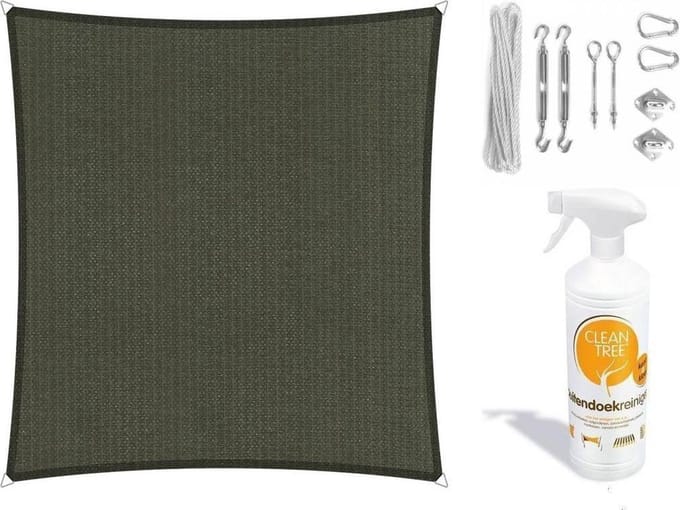 Compleet pakket: Shadow Comfot vierkant 3,6x3,6 Deep Grey met RVS Bevestigingsset en buitendoekreiniger