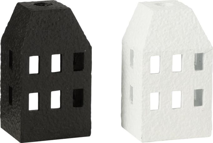 J-Line kandelaar Huis - cement - zwart/wit - 2 stuks