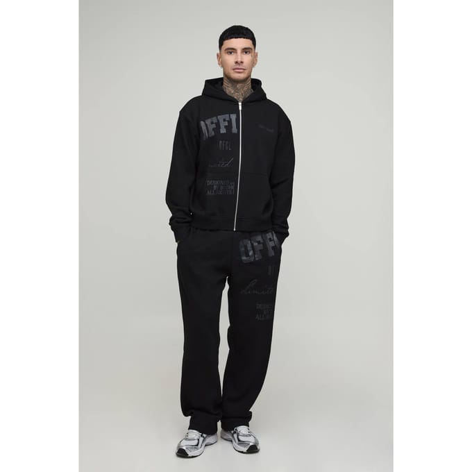 Lang Oversized Boxy Officieel Tonaal Print Ritssluiting Hoodie Trainingspak | Black | Size Small