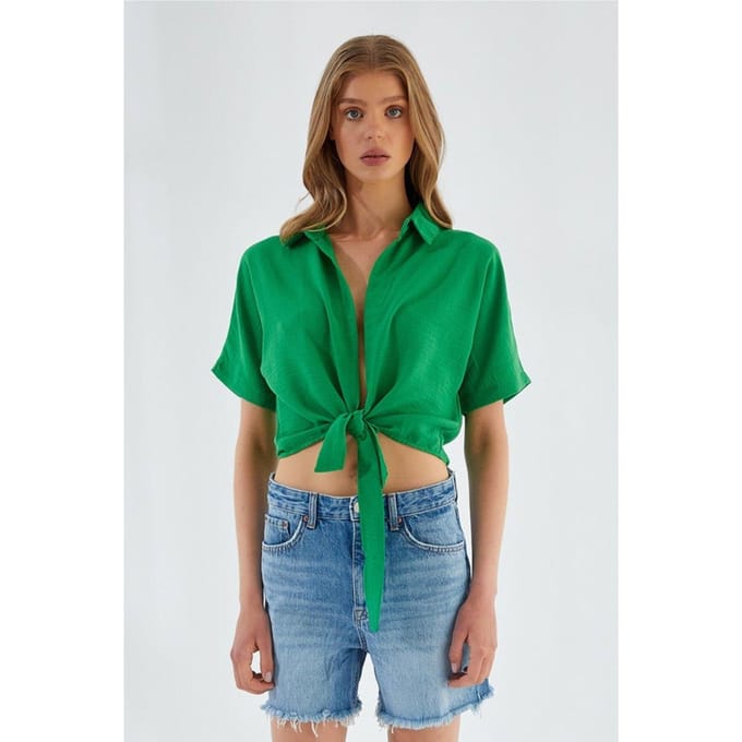V-hals Met Strik Slanke Pasvorm Crop Shirt