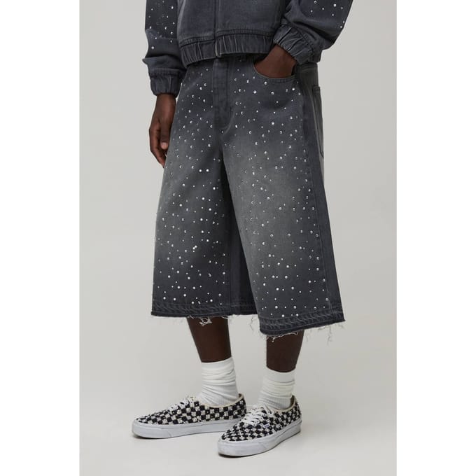 Gewassen Denim Jorts Met Strass En Verlengde Pasvorm | Grey | Size 42