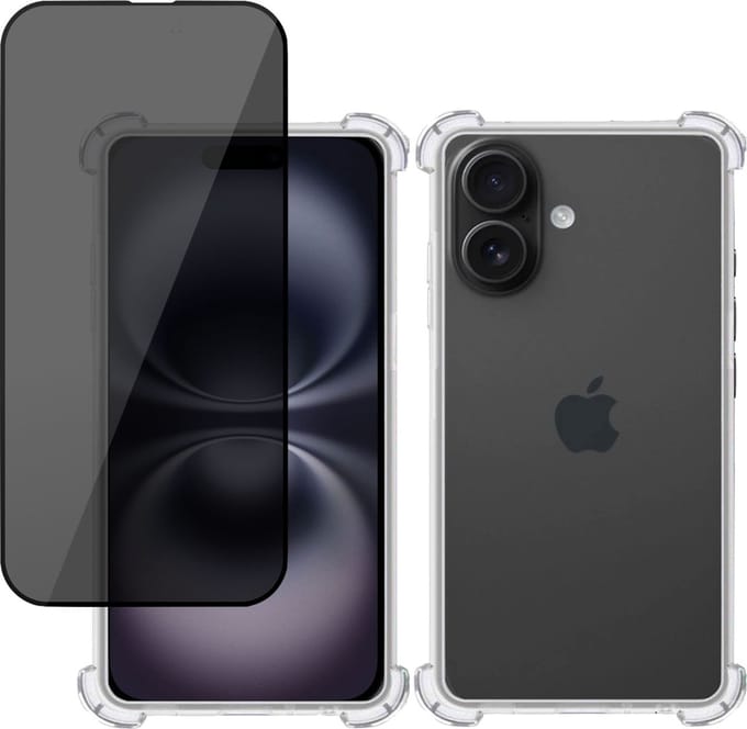 Hoesje + Privé Screenprotector geschikt voor Apple iPhone 16 Plus – Privacy Tempered Glass - Case Transparant