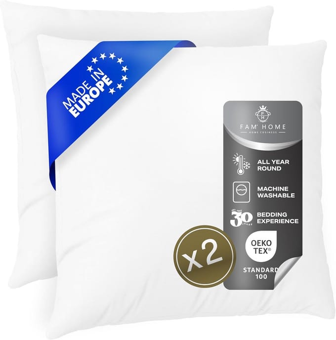 80x80 cm kussen set van 2 met microvezel en polyester vulling, wasbaar, Ökotex gecertificeerd, EU productie, wit - Double Pack