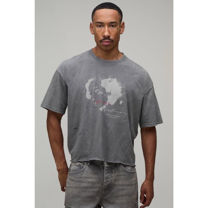 Oversized Gekrompen Distressed Grunge Print Vintage Gewassen T-shirt | Washed Charcoal | Size Medium