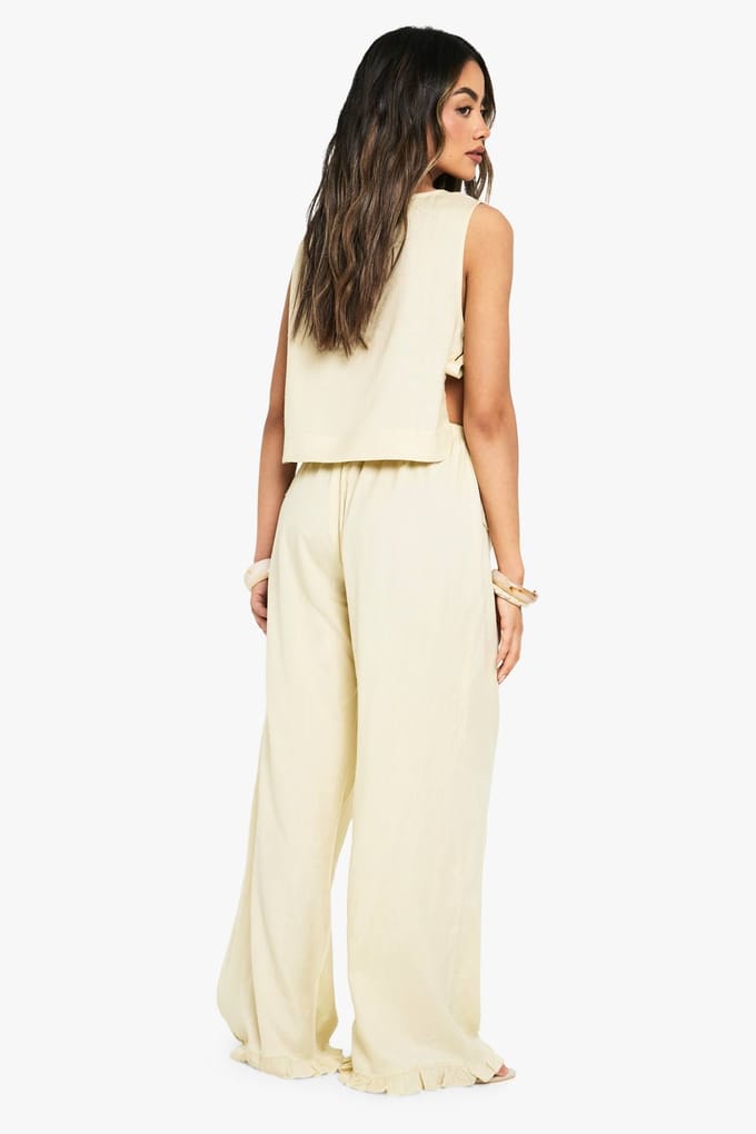 boohoo Dames Tie Side Linnen Top & Wijde Pantalon Co-ord | Steen | Maat: 38