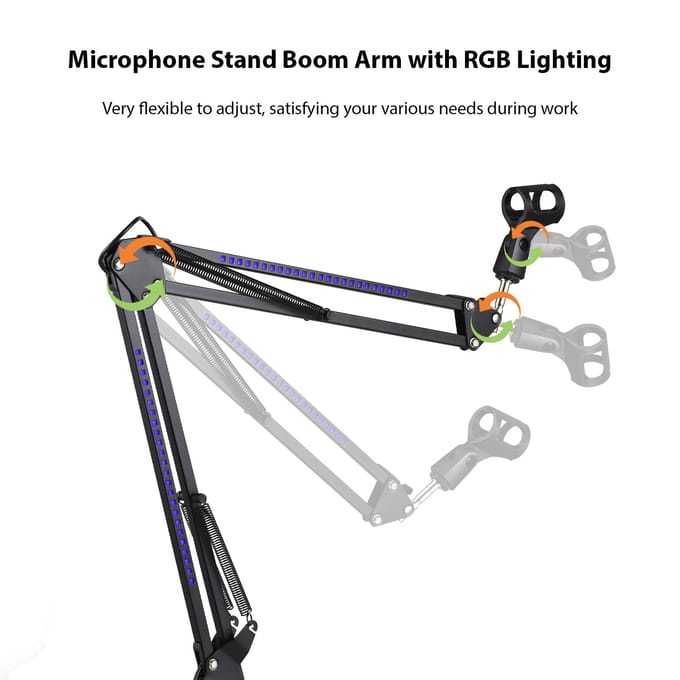 Microfoonstandaard Zwenkarm met RGB-verlichting 28 RGB LED-kralen 4 Verlichtingsbedieningsmodi Verstelbaar zwart
