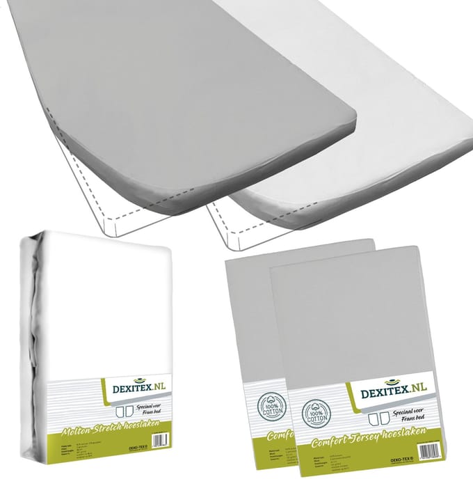 Textielpakket Frans bed - 1 molton met 2 hoeslakens - links 2 x Licht grijs