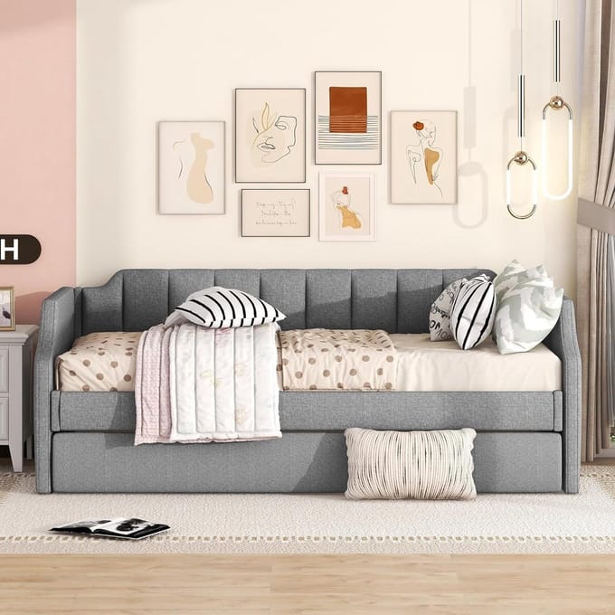 Dagbed met opklapbed - Uitschuifbaar bed - Gastenkamer creëren - Dubbele slaapplek - 90 x 200 cm - Grijs