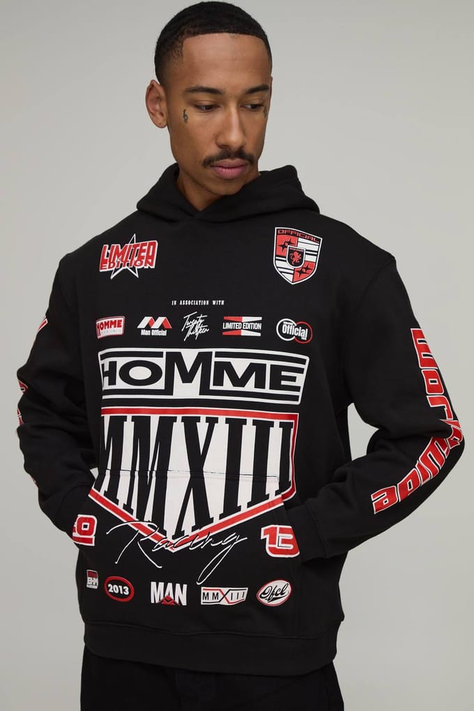 Zwarte Oversized Moto Crest Print Hoodie | Black | Size Medium