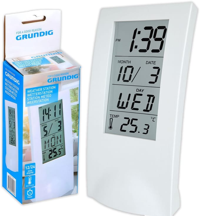 Grundig Weerstation - Weergave Tijd, Datum en Temperatuur - met Wekker en Timer - Wit